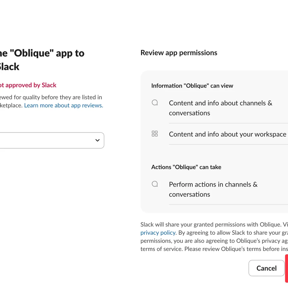 Adding the Oblique Slack app to a Slack workspace
