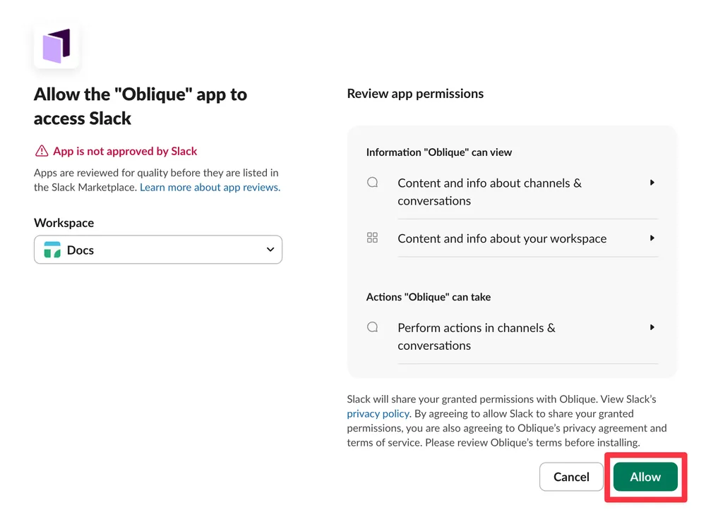 Adding the Oblique Slack app to a Slack workspace