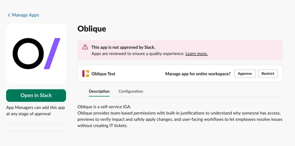 Slack workspace app listing