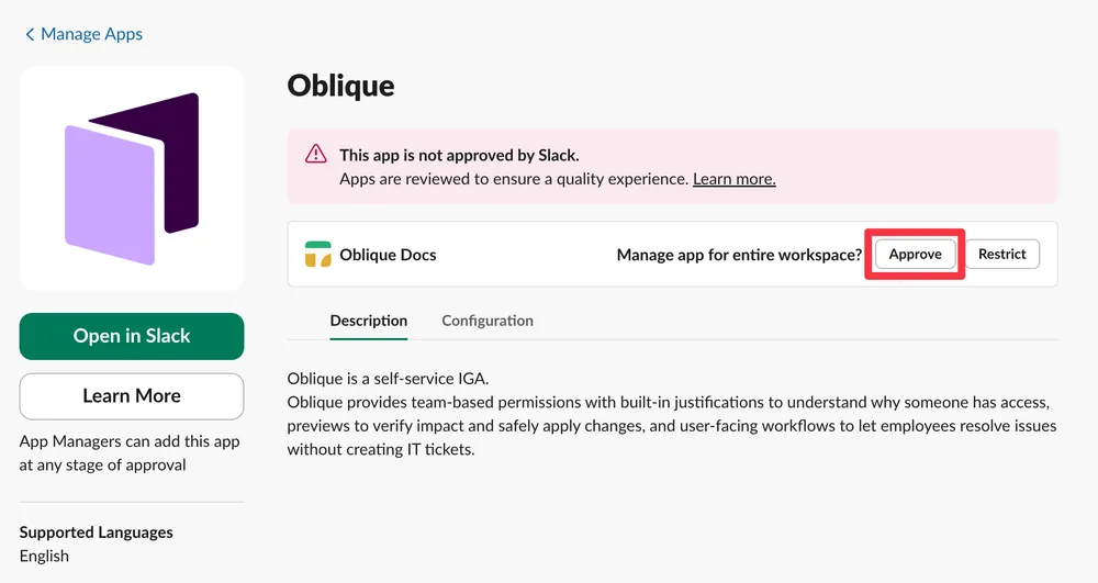 Slack workspace app listing